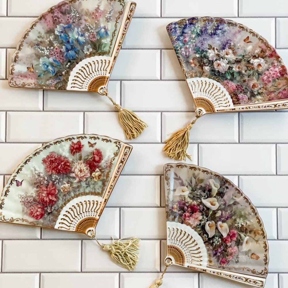 Vintage Lena Liu unfolding beauty porcelain fans with tassels set of 4 6x9”